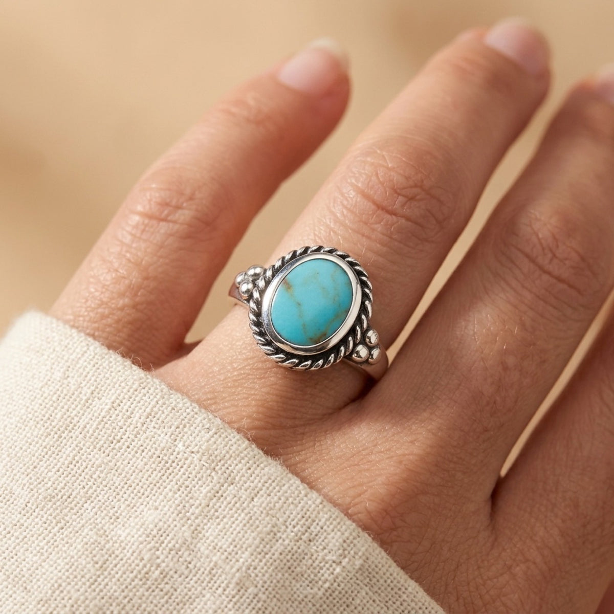 Turquoise Rope Halo Boho Ring worn