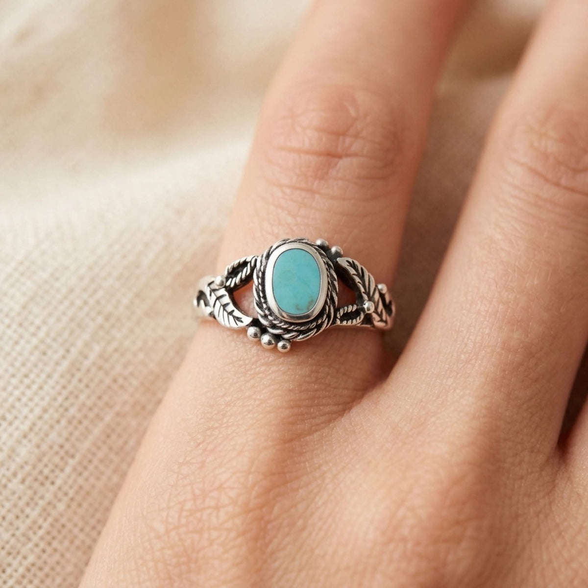 Turquoise Solitaire Bali Rope Leaf Ring worn
