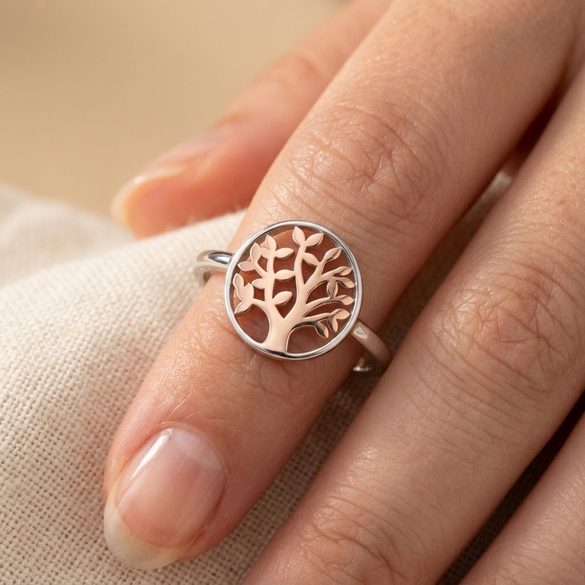 Two Tone Tree of Life Happiness Ring worn