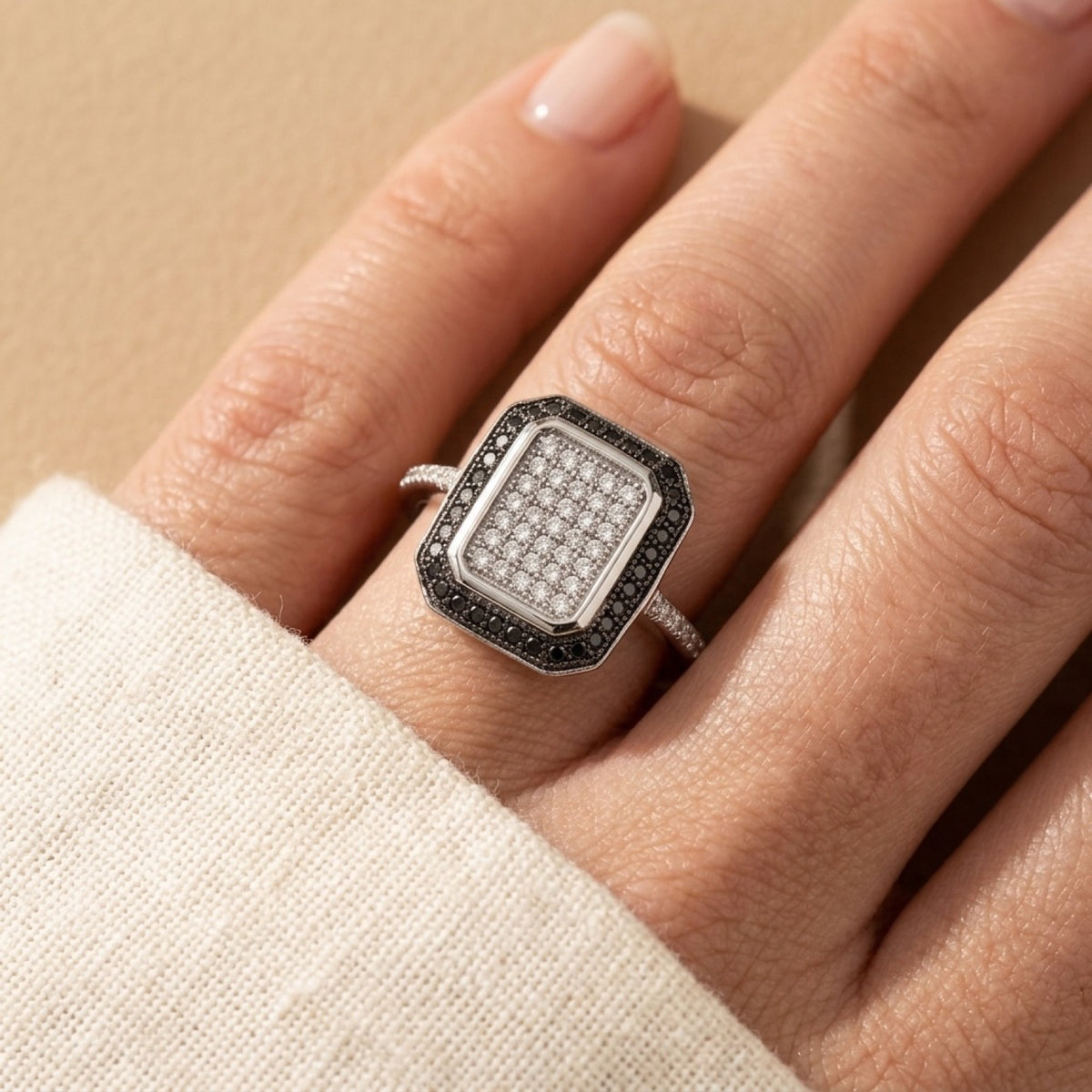 White Black CZ Cluster Ring worn