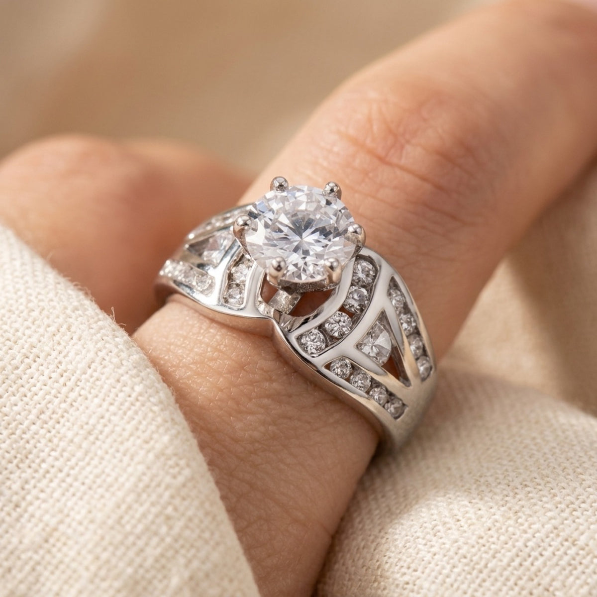 White CZ Wedding Bridal Engagement Ring worn