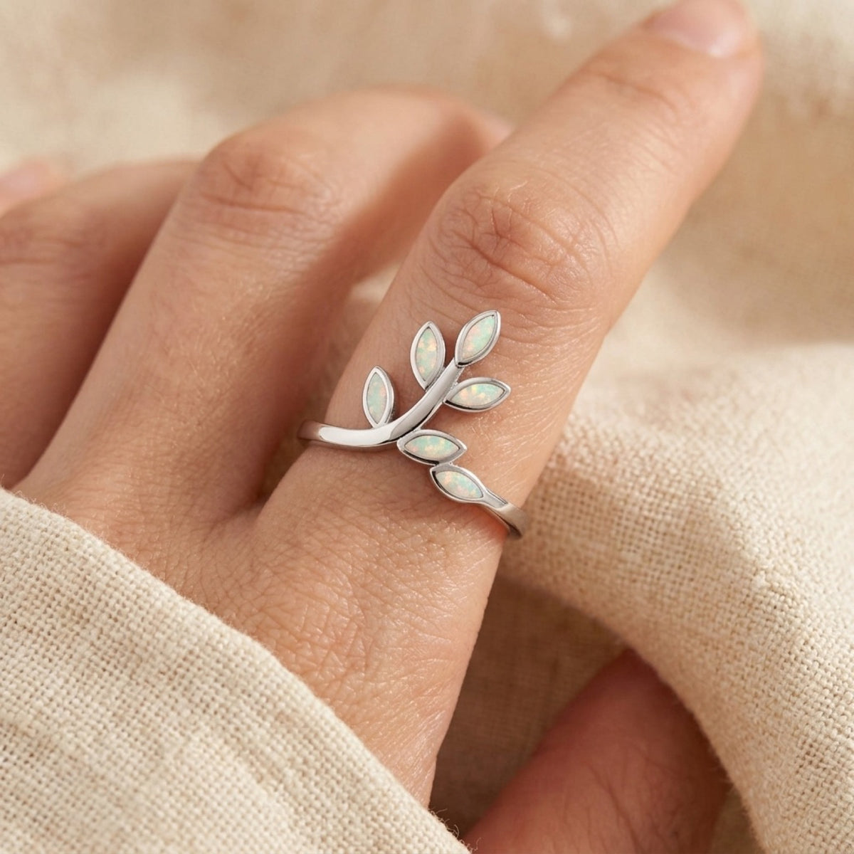White Lab Opal Branch Tree Leaf Wide Ring worn