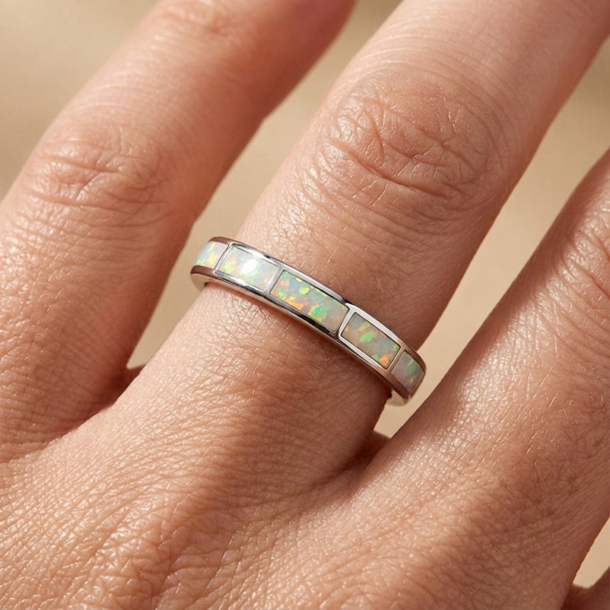 White Lab Opal Knuckle Midi Boho Engagement Ring worn