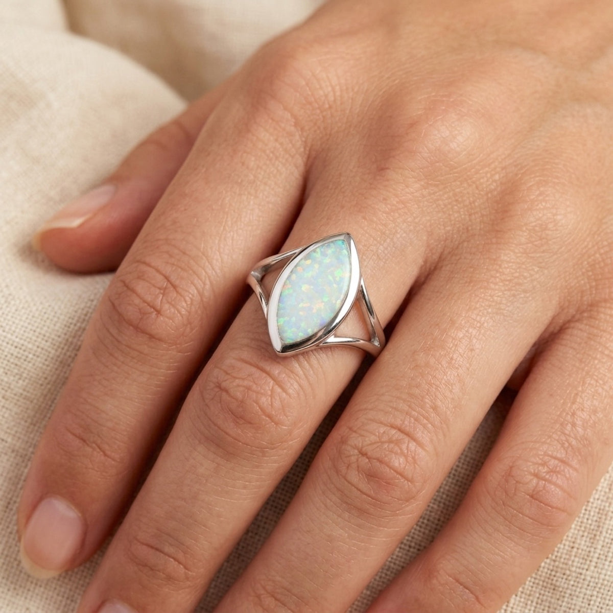 White Lab Opal Large Filigree Ring worn