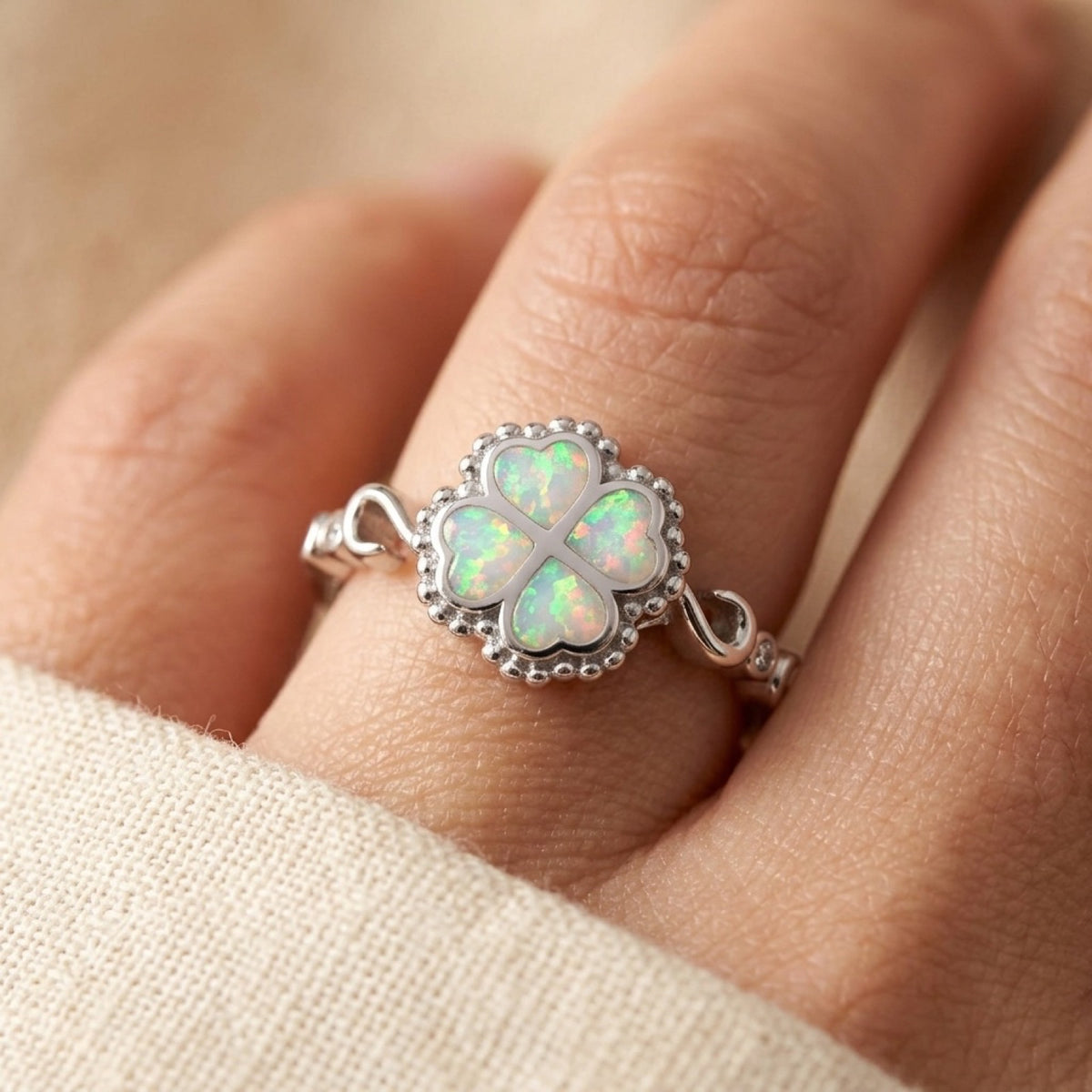 White Lab Opal Promise Heart Love Ring worn