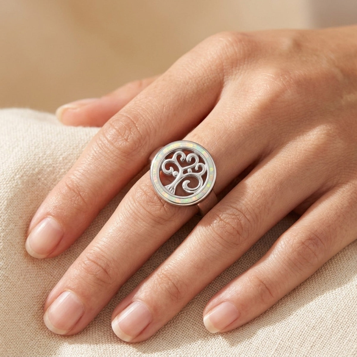 White Lab Opal Scroll Tree Ring worn
