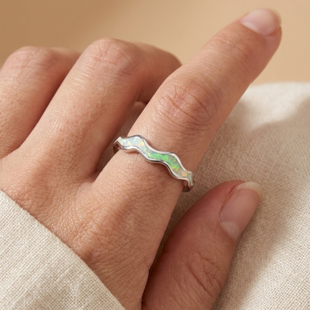 White Lab Opal Wave Statement Stacking Ring worn