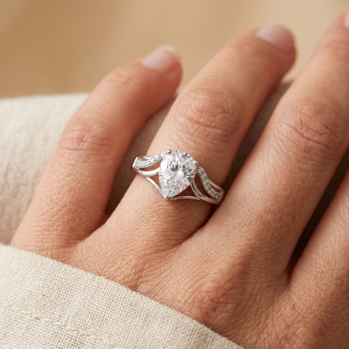White Pear CZ Promise Engagement Ring worn