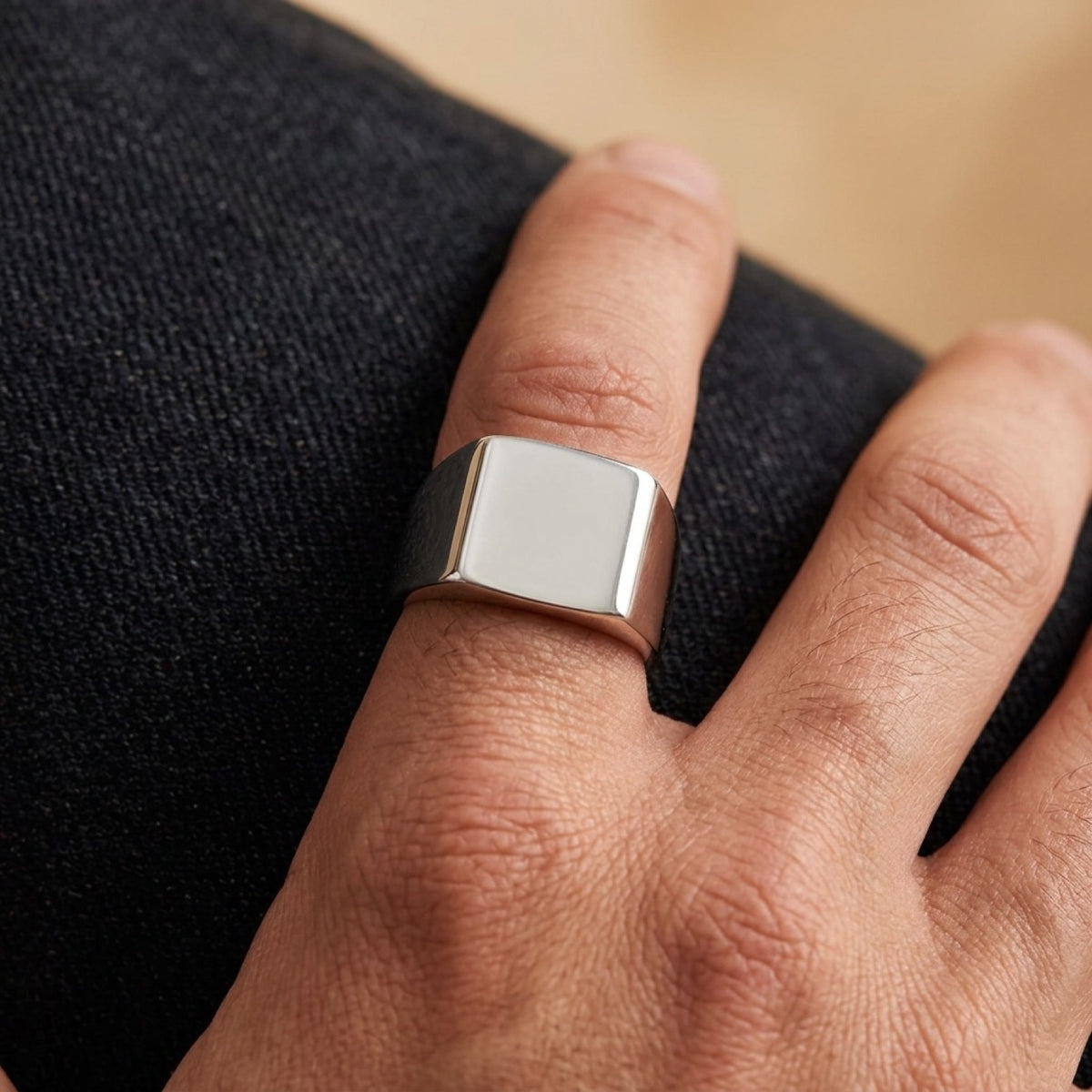 Wide Chunky Statement Square Signet Ring worn