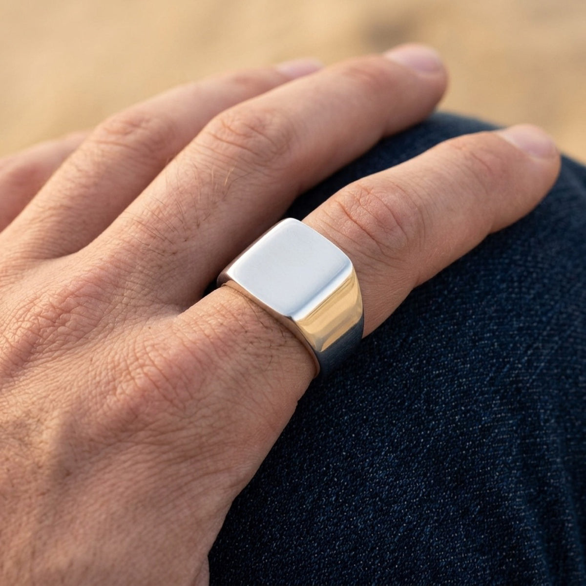 Wide Square Signet Ring worn