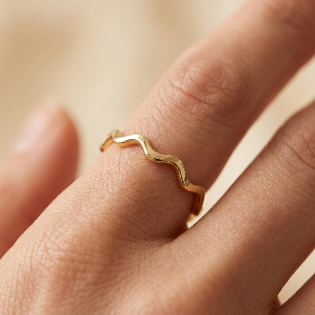 Yellow Gold Tone Wave Eternity Midi Ring worn